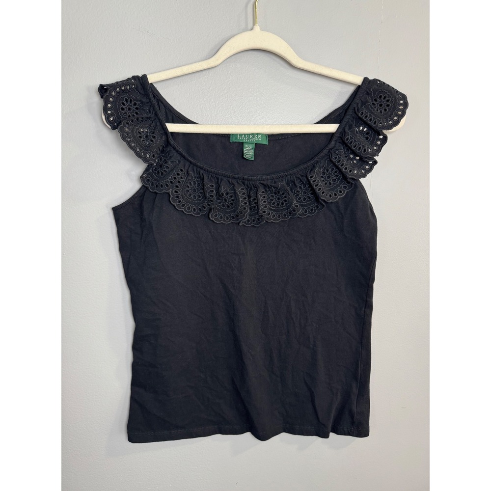 Lauren Ralph Lauren Petite Black‎ Eyelet Ruffle Square Neck Tank Top PL G